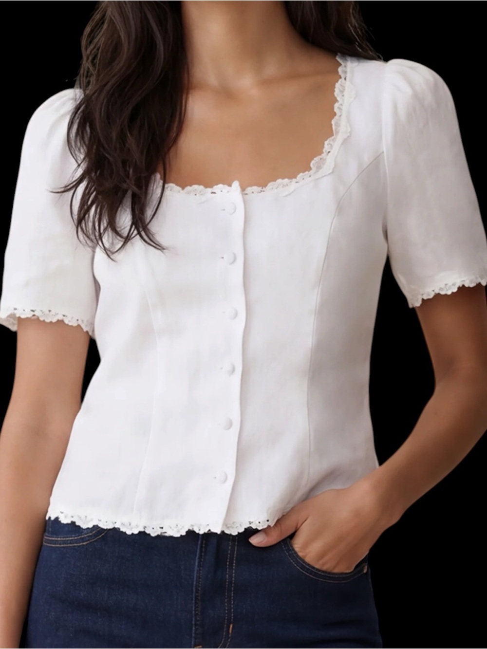 Few Moda Kourt Wilma White Linen Top Lace-Trim Button Front Tie Back Size 8 NWT